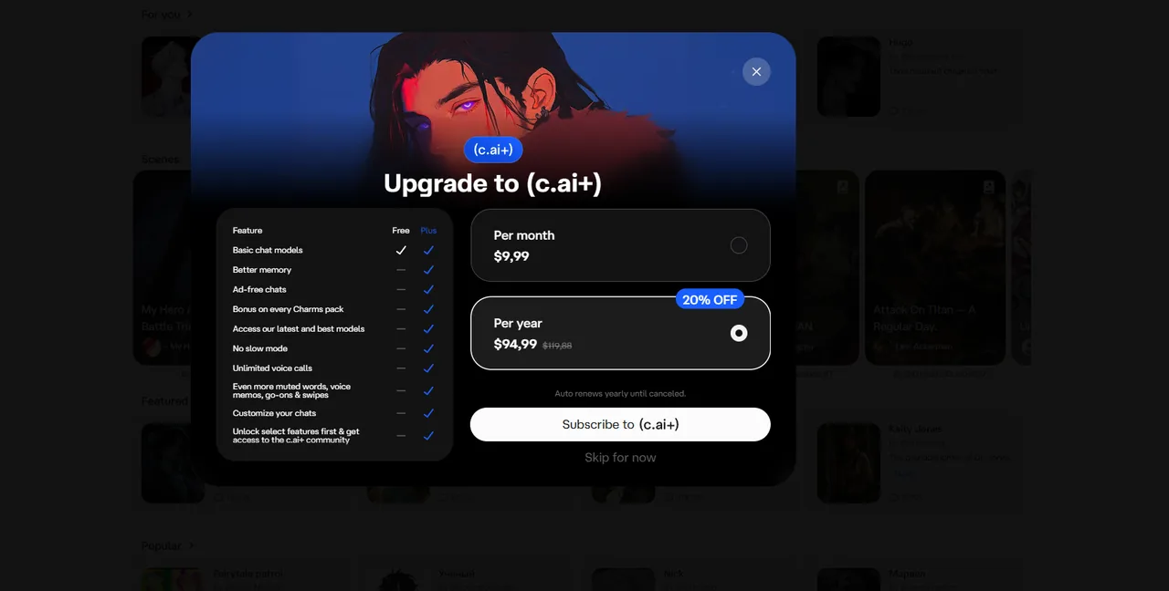 Pantalla de mejora de Character.AI: el plan gratuito frente a c.ai+, al mes y al año
