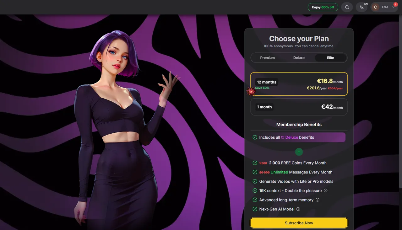 Suscripciones de GirlfriendGPT: niveles Premium, Deluxe y Elite con precios y monedas