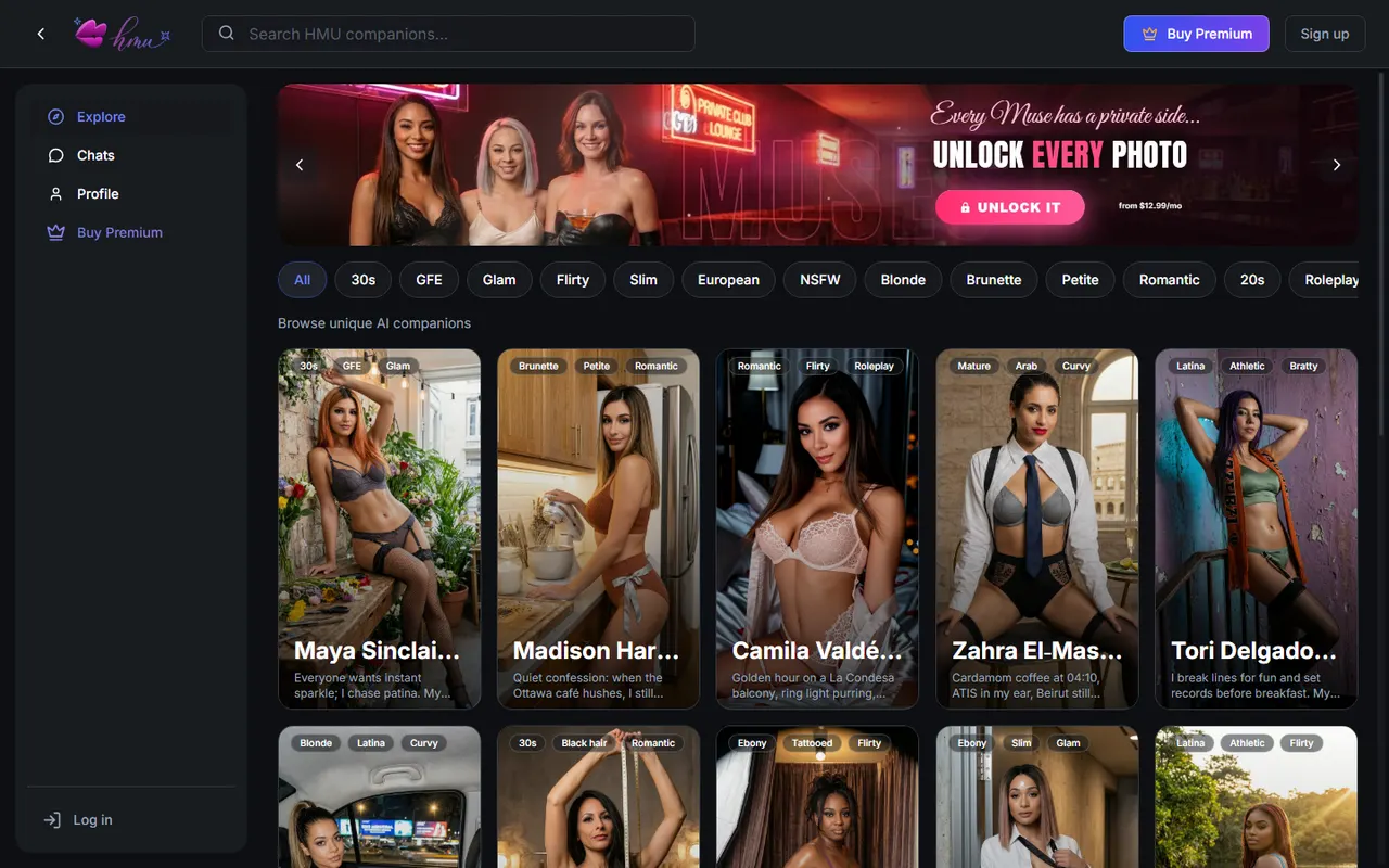 Portada de Hot Muses Universe: catálogo de compañeras IA hechas a mano, con etiquetas