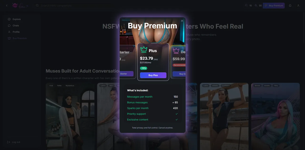 Pantalla premium de Hot Muses Universe: qué desbloquea la suscripción frente al plan gratuito