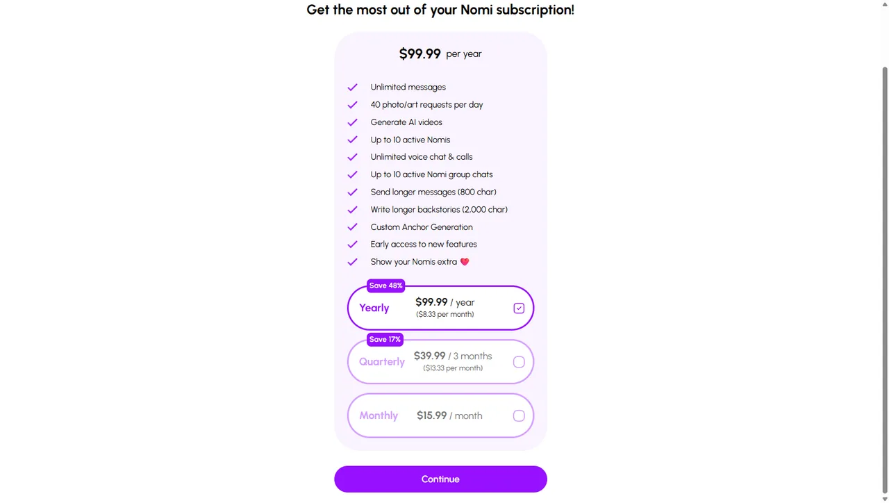 Suscripción de Nomi: precios mensual y anual