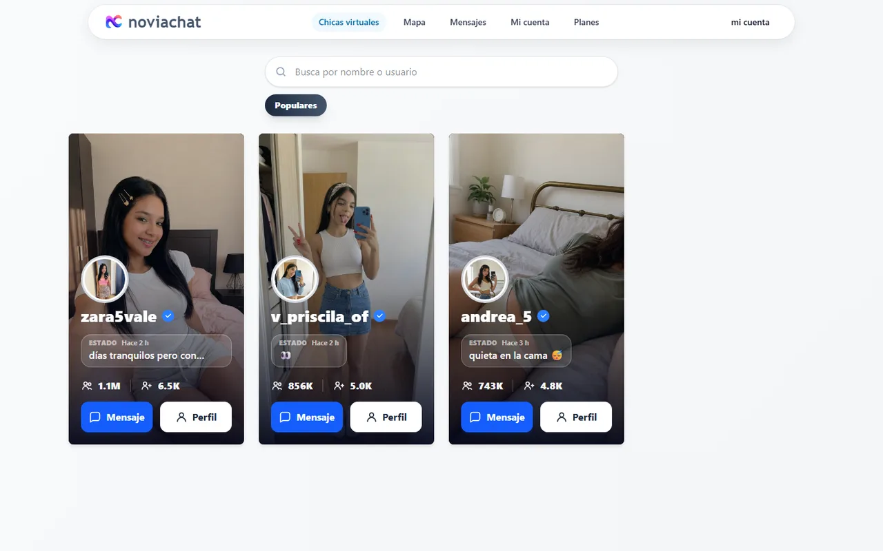 Catálogo de NoviaChat: fichas tipo red social con estado, seguidores y botón de mensaje