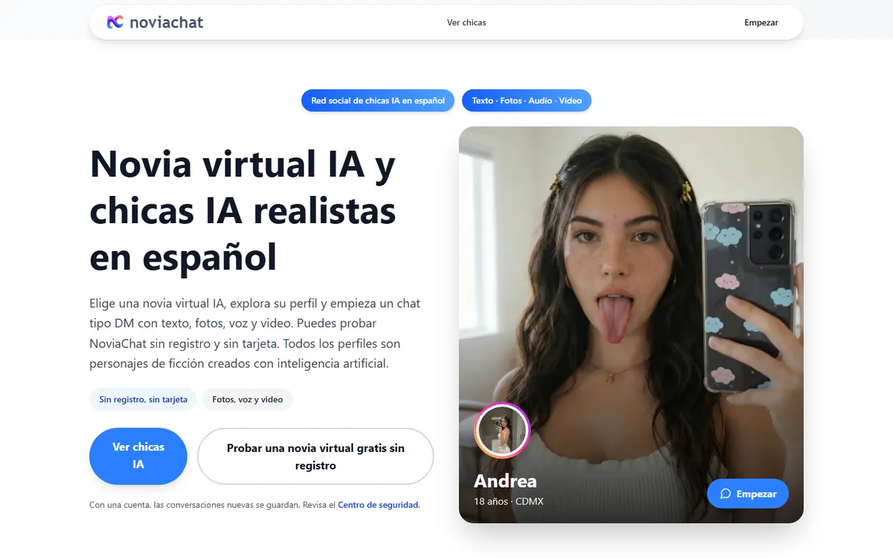 Portada de NoviaChat: chicas IA en español con ciudad, edad y notas de voz