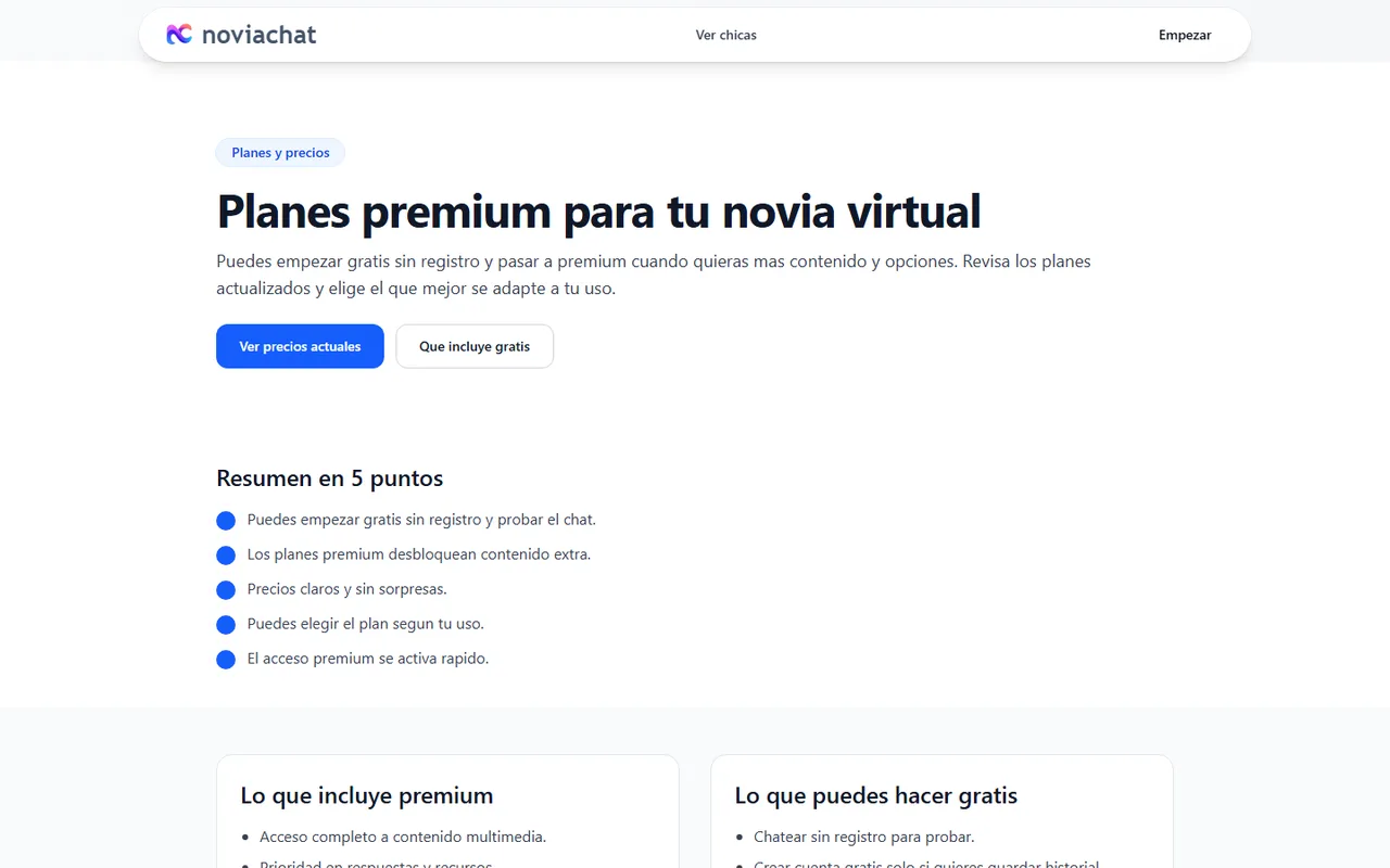 Página de planes de NoviaChat: qué incluye empezar sin registro y qué desbloquea el pago