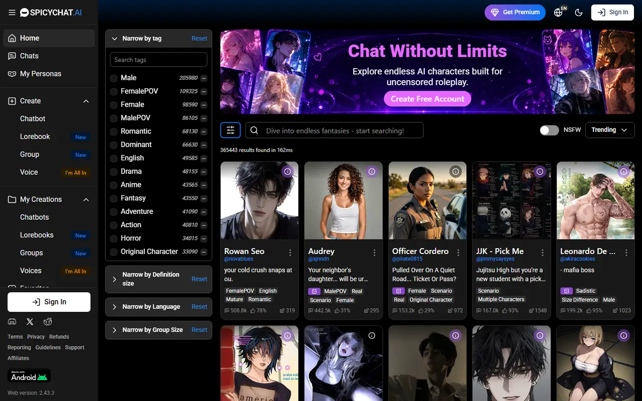 Catálogo de SpicyChat: personajes creados por usuarios con etiquetas y número de chats